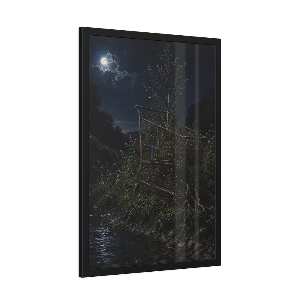 A shopping cart in creekside weeds with a sapling growing up through it. The Cart Grown Through by Garabaggio, framed fine art print hanging in a room.