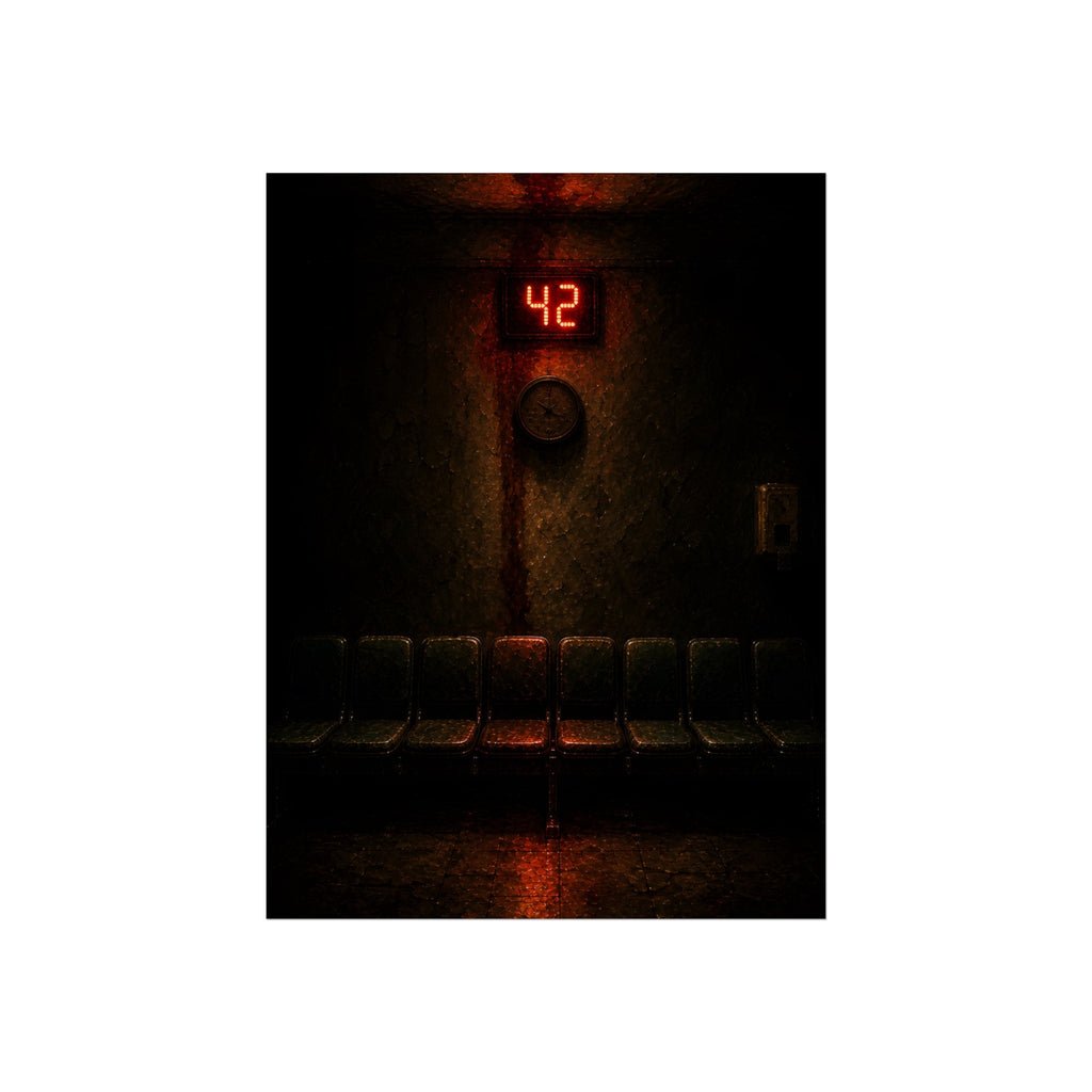 A red number display glowing above an empty row of waiting room chairs. The Number Called at Last by Garabaggio, fine art print, 12″ x 16″.
