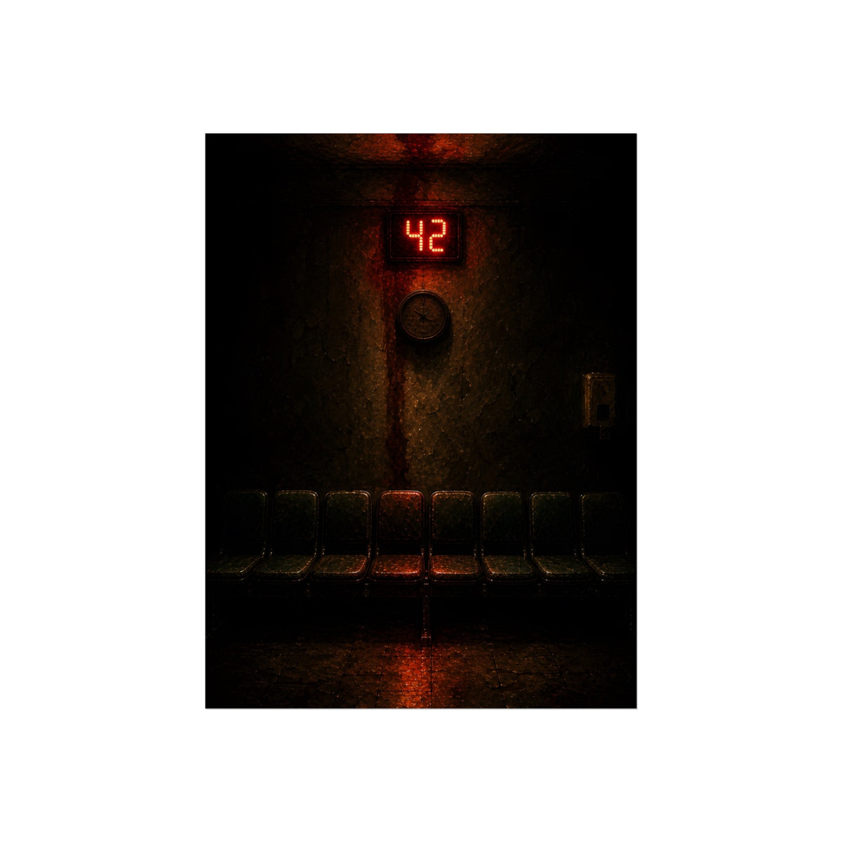 A red number display glowing above an empty row of waiting room chairs. The Number Called at Last by Garabaggio, fine art print, 12″ x 16″.