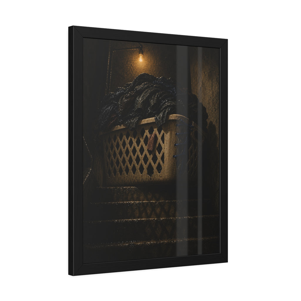 A laundry basket heaped with clothes on stairs under a bare bulb. The Overload on the Basement Stairs by Garabaggio, framed fine art print hanging in a room.