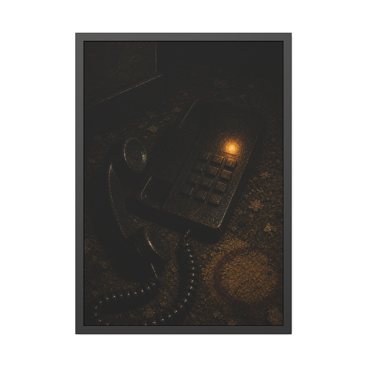 A desk phone with the handset off the hook and one amber light glowing. The Line Still Rings by Garabaggio, framed fine art print, 28″ x 40″.