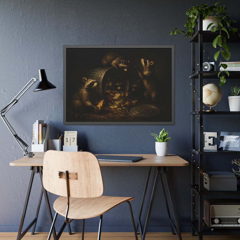 Raccoons around a tipped metal trash can, scattering food scraps. The Vigil of the Midnight Feast by Garabaggio, framed fine art print hanging in a room.