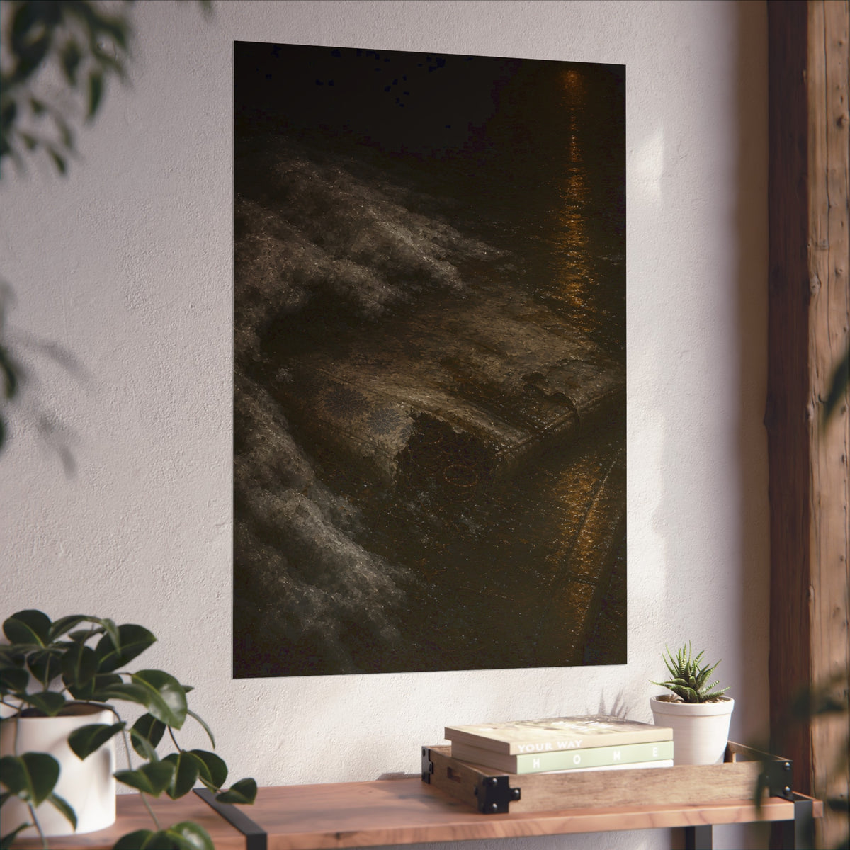 A soaked mattress in melting snow at the curb beside a wet street. The Thaw by Garabaggio, fine art print hanging in a room.