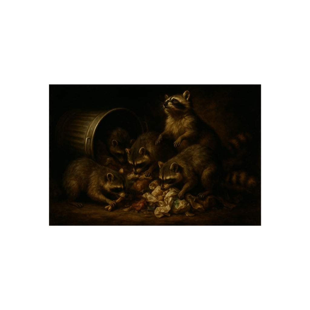 Five raccoons around a toppled metal trash can and spilled scraps. The Entombment of the Garbage by Garabaggio, fine art print hanging in a room.