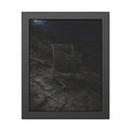 A rusted shopping cart sunk in cracked dried mud under a full moon. The Silting by Garabaggio, framed fine art print, 11″ x 14″.