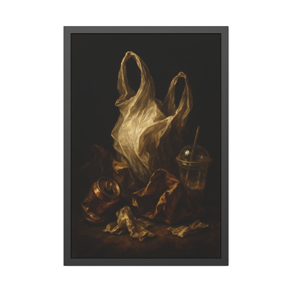 A plastic bag held open above a crushed can and a plastic cup with straw. The Apparition of the Bag by Garabaggio, framed fine art print hanging in a room.