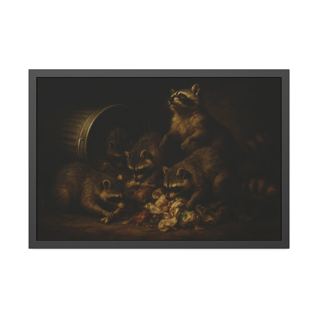 Five raccoons around a toppled metal trash can and spilled scraps. The Entombment of the Garbage by Garabaggio, framed fine art print hanging in a room.