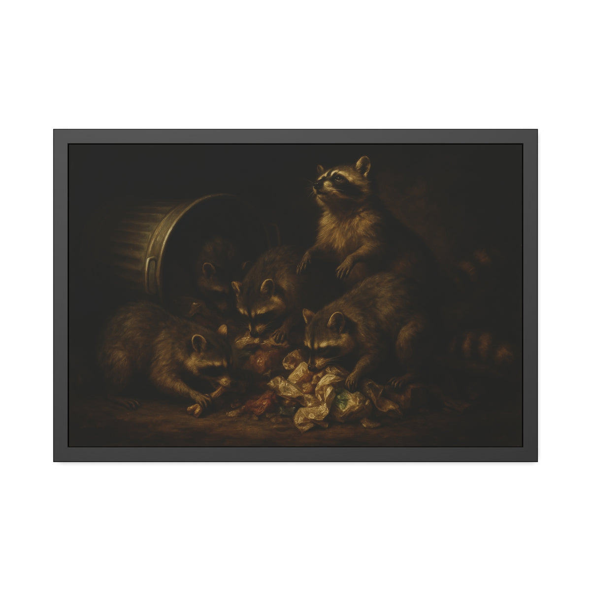 Five raccoons around a toppled metal trash can and spilled scraps. The Entombment of the Garbage by Garabaggio, framed fine art print hanging in a room.