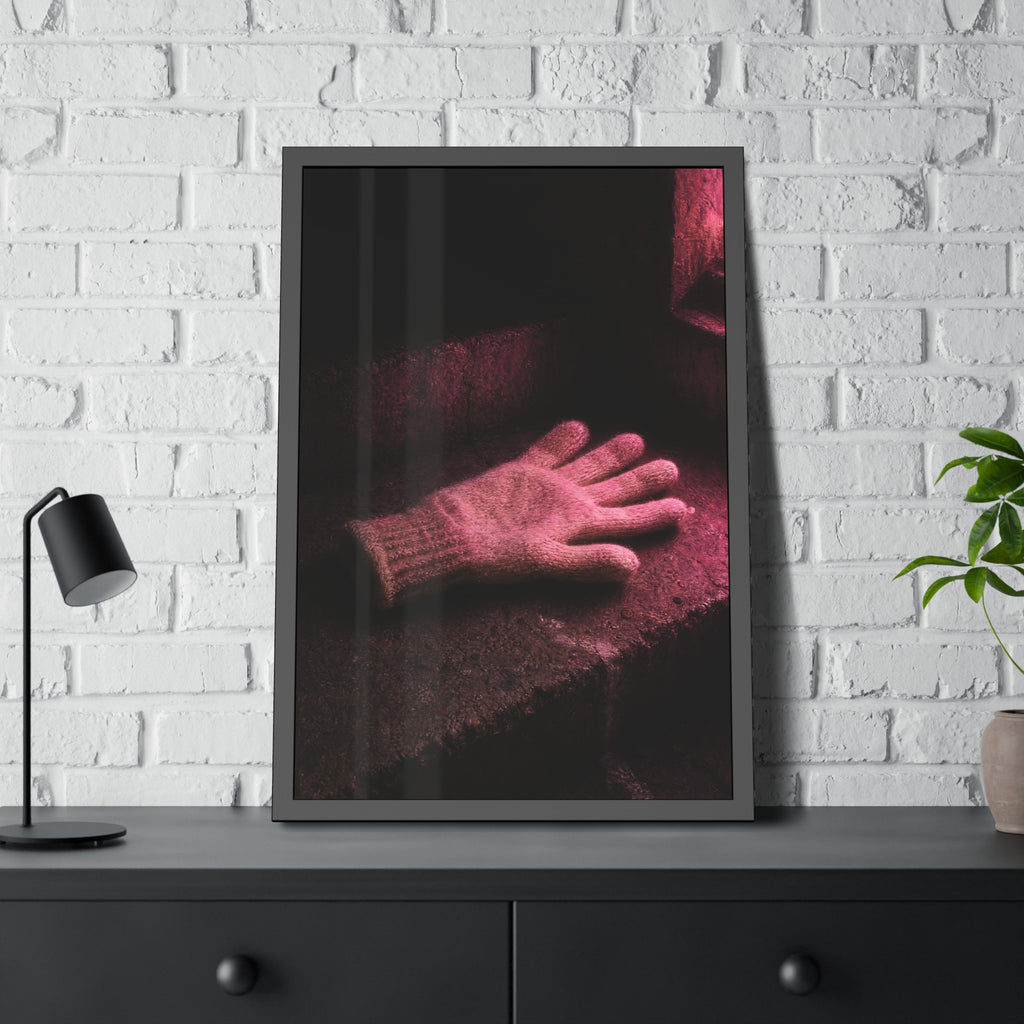 A knitted glove lying flat on a concrete step under pink light. The Vigil in Pink Light by Garabaggio, framed fine art print hanging in a room.
