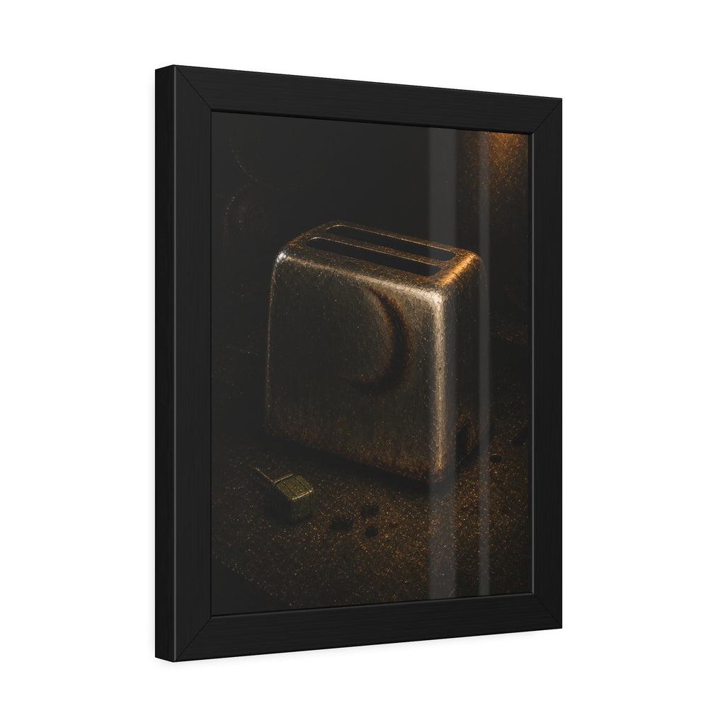 A scorched toaster on a dark counter with crumbs and its plug beside it. Shell Without Heat by Garabaggio, framed fine art print hanging in a room.