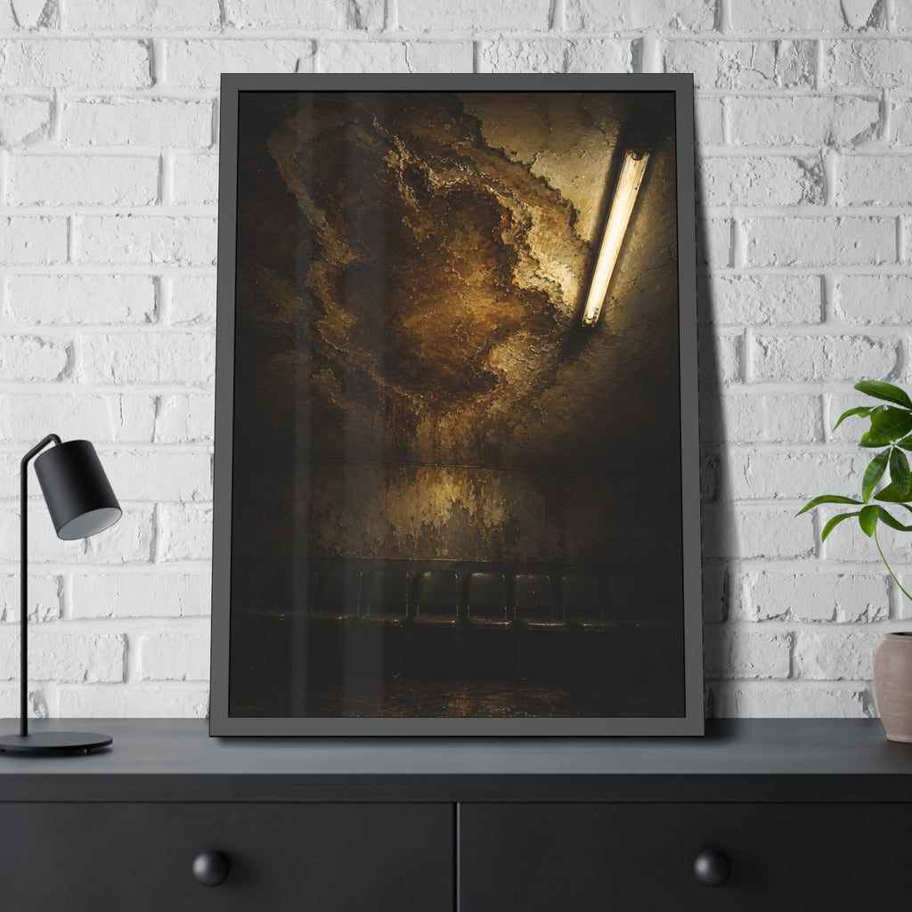 A brown water stain spreading across a ceiling above a row of chairs. The Stain Above the Row by Garabaggio, framed fine art print hanging in a room.