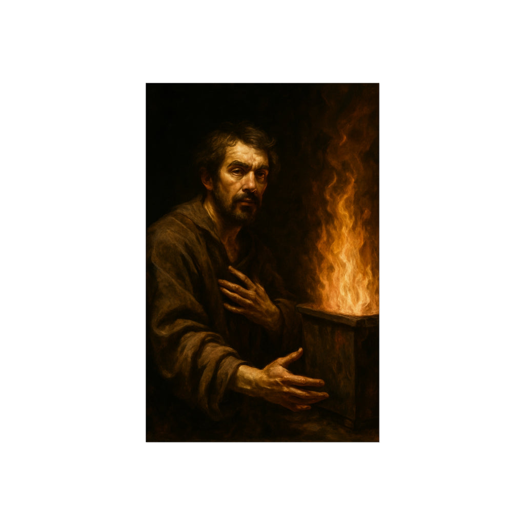 Bearded man with a hand on his chest beside flames rising from a bin. Self-Portrait as a Penitent by Garabaggio, fine art print hanging in a room.