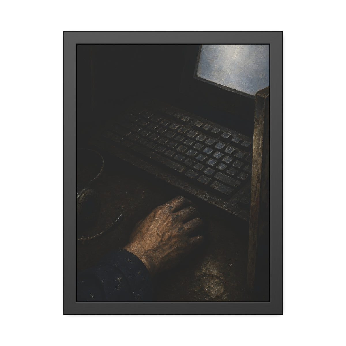 A hand on a mouse beside a grimy keyboard and a pale glowing screen. Login Before Dawn by Garabaggio, framed fine art print, 18″ x 24″.