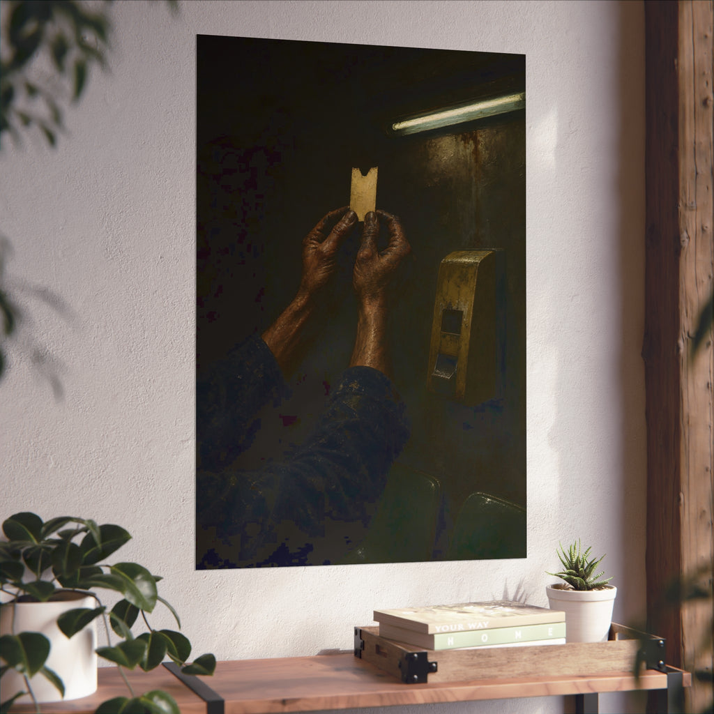 Weathered hands holding a paper queue ticket under a fluorescent tube. The First Number by Garabaggio, fine art print hanging in a room.