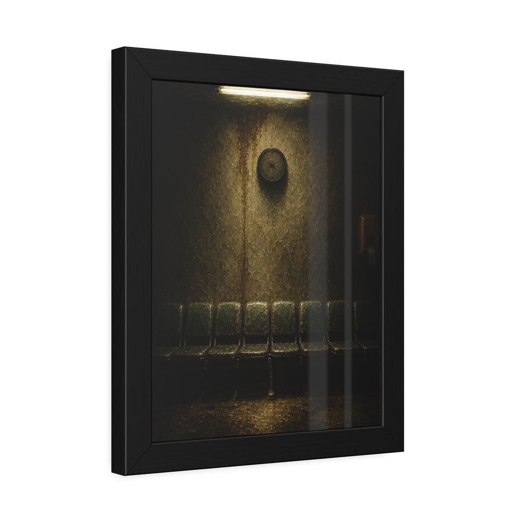 Eight worn seats in a row under a wall clock and one fluorescent tube. Eight Seats and a Clock by Garabaggio, framed fine art print hanging in a room.