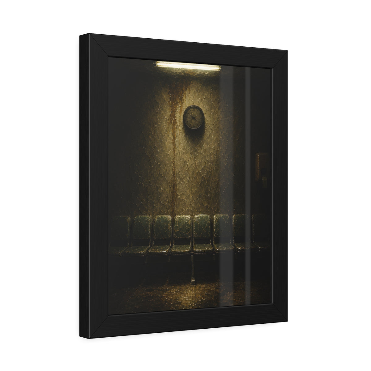Eight worn seats in a row under a wall clock and one fluorescent tube. Eight Seats and a Clock by Garabaggio, framed fine art print hanging in a room.