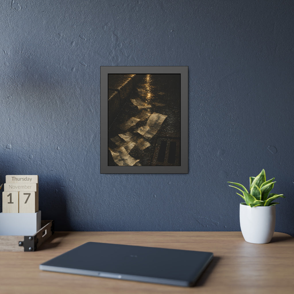 Wet receipts scattered in a gutter beside a storm drain in the rain. The Audit in Rain by Garabaggio, framed fine art print hanging in a room.