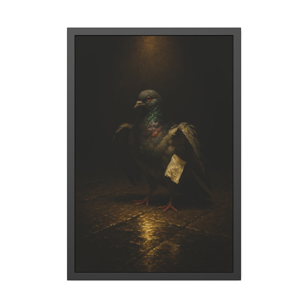 A pigeon with wings half raised, a paper scrap at its side. The Annunciation of the Common Pigeon by Garabaggio, framed fine art print hanging in a room.