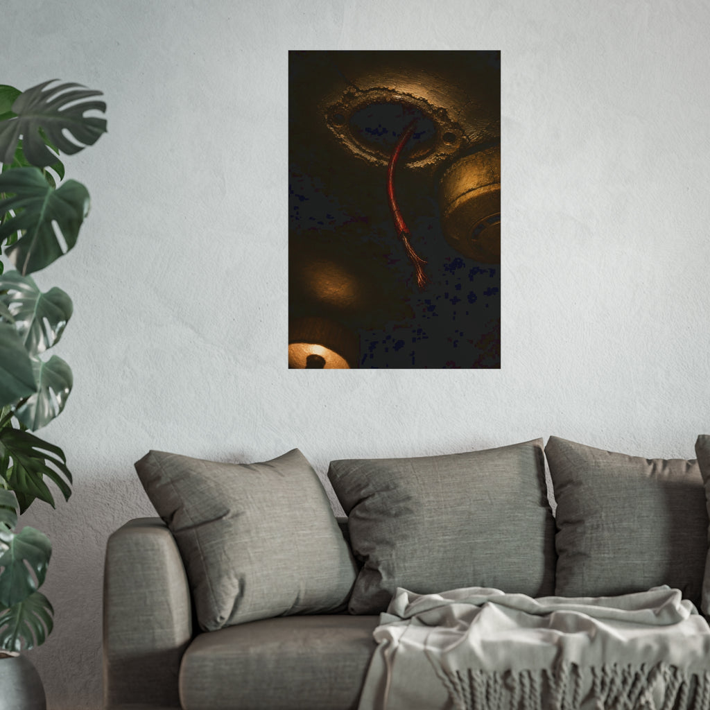 A frayed red wire hanging from a hole in a cracked ceiling. The Loose Red Wire by Garabaggio, fine art print hanging in a room.
