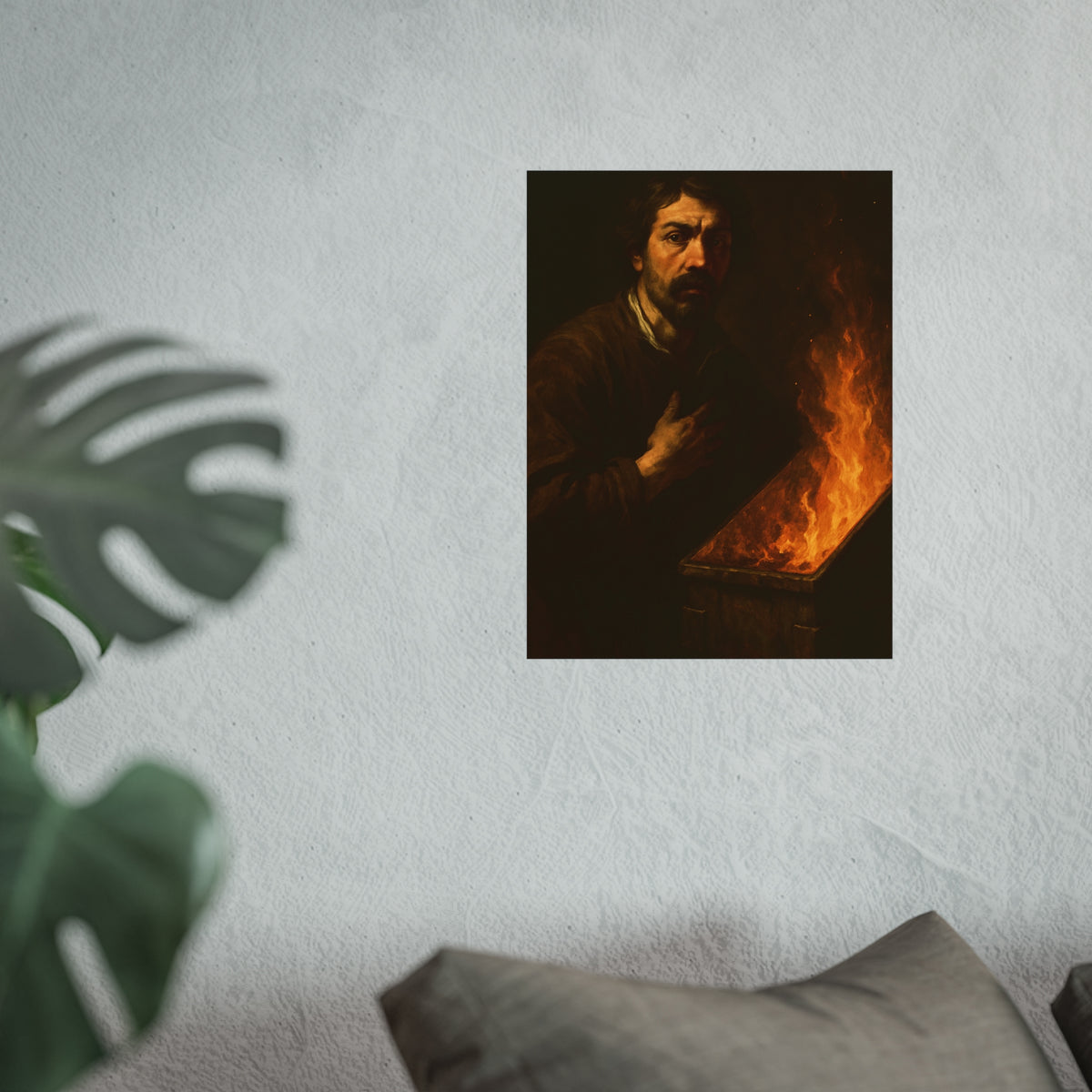 Man with a hand on his chest as flames run the length of a dumpster. Self-Portrait in the Final Hour by Garabaggio, fine art print hanging in a room.