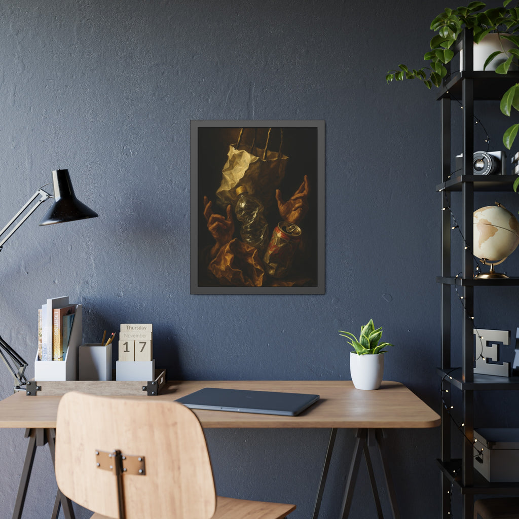 Two hands raised beside a paper bag, crushed bottle and dented can. The Assumption of the Discarded by Garabaggio, framed fine art print hanging in a room.