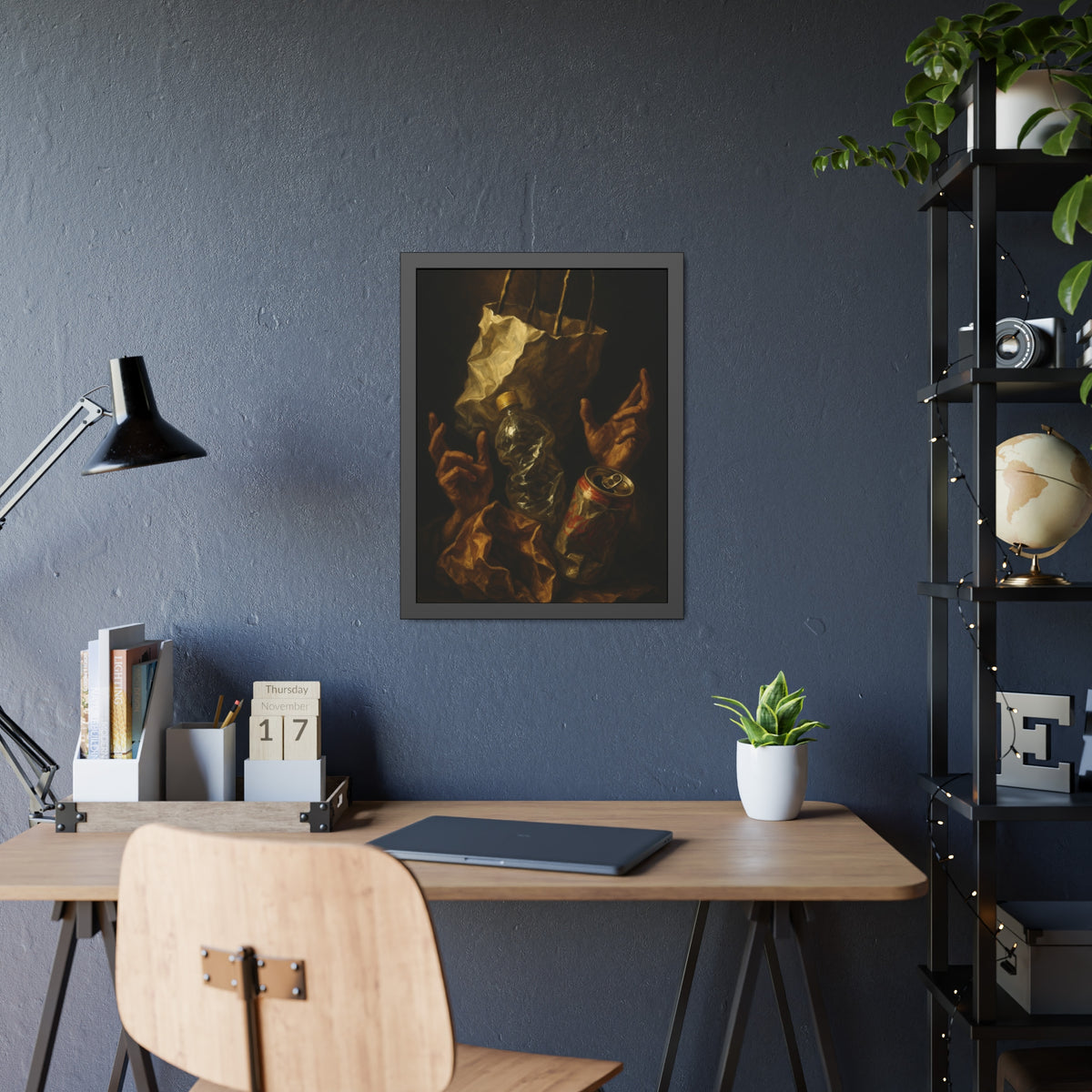 Two hands raised beside a paper bag, crushed bottle and dented can. The Assumption of the Discarded by Garabaggio, framed fine art print hanging in a room.