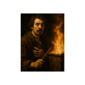 Man holding a long wooden stick, hand on chest, before a burning bin. Self-Portrait with Mahlstick by Garabaggio, fine art print, 12″ x 16″.