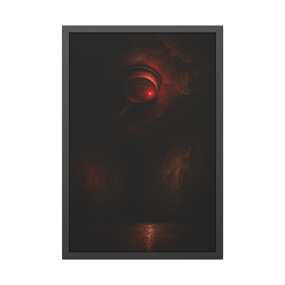 A ceiling smoke detector glowing red in an empty peeling room. The Alarm in an Empty Room by Garabaggio, framed fine art print, 24″ x 36″.