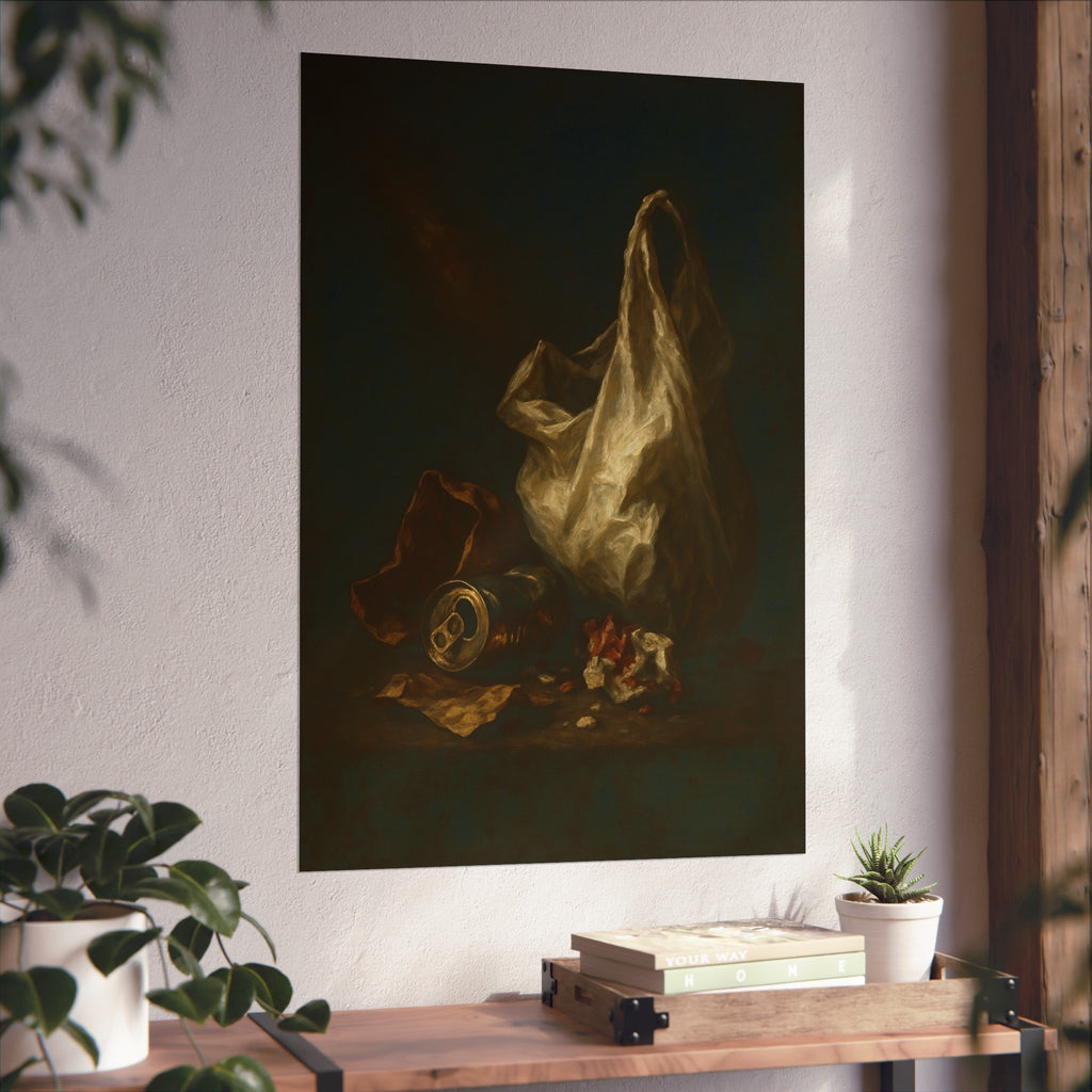 A white plastic bag standing upright in a shaft of light. The Annunciation of the Plastic Bag by Garabaggio, fine art print hanging in a room.
