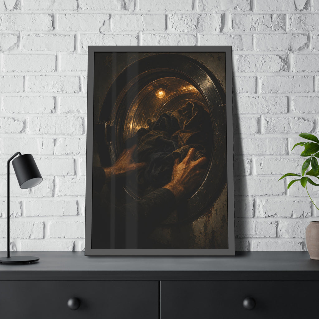 Two hands pushing dark laundry into a washer drum lit by a small bulb. The Loading of the Drum by Garabaggio, framed fine art print hanging in a room.