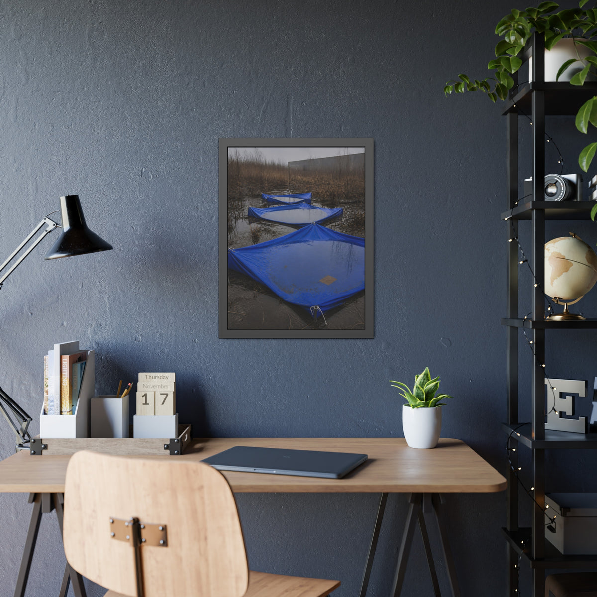 Three blue tarps holding pooled rainwater in a weedy vacant lot. Flooded in the Vacant Lot by Garabaggio, framed fine art print hanging in a room.