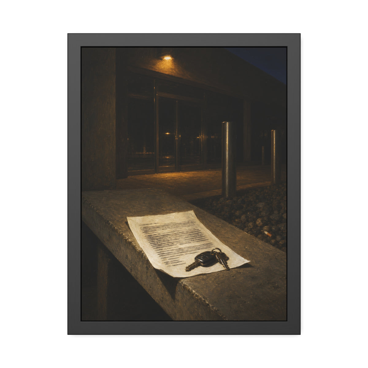 A printed page and car keys on a concrete ledge outside an office at night. The Last Email, Printed by Garabaggio, framed fine art print, 18″ x 24″.