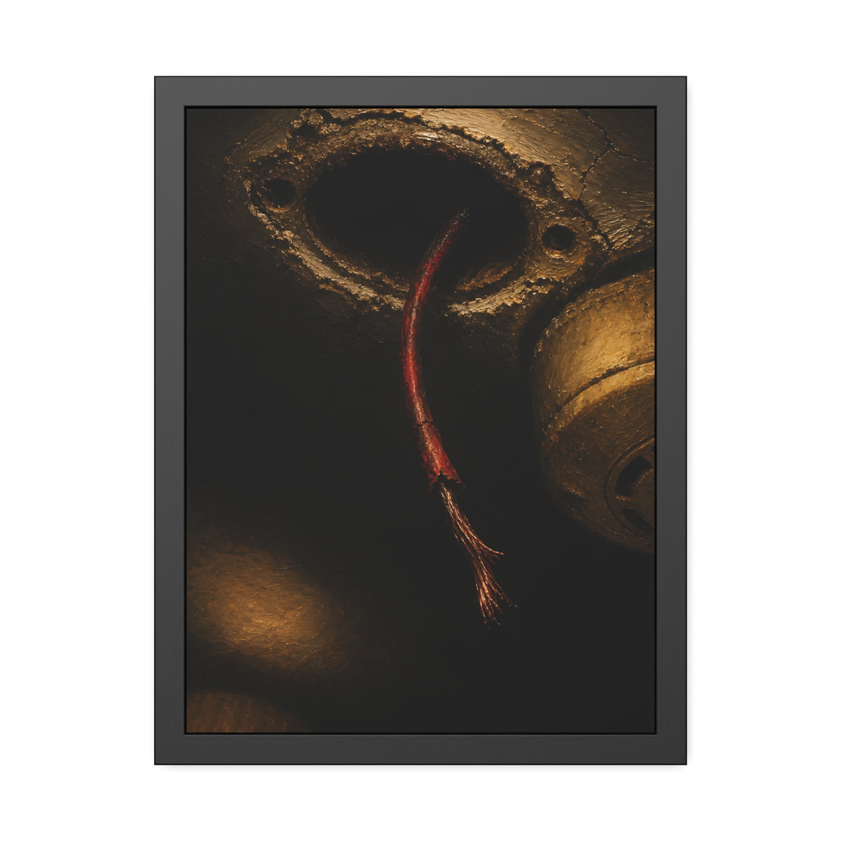 A frayed red wire hanging from a hole in a cracked ceiling. The Loose Red Wire by Garabaggio, framed fine art print, 18″ x 24″.