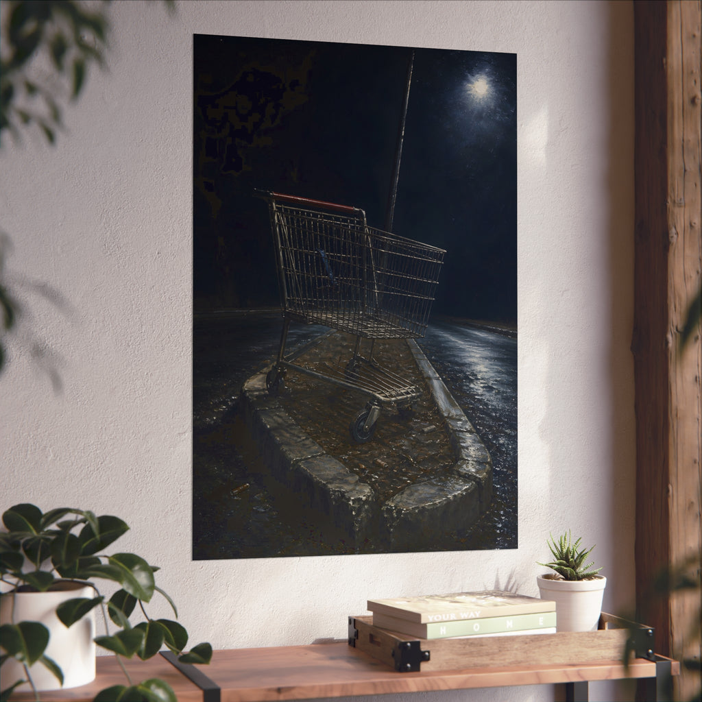 A shopping cart stranded on a stone median under a streetlight. The Crossing of the Median by Garabaggio, fine art print hanging in a room.