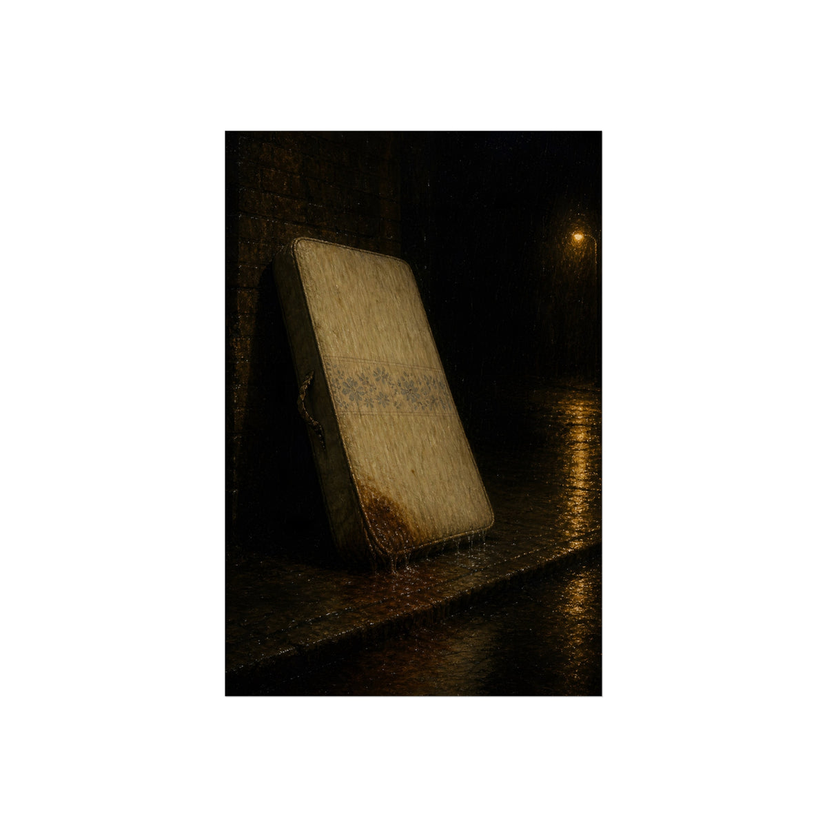 A stained mattress leaning against a wall in rain under a streetlamp. The First Rain by Garabaggio, fine art print, 24″ x 36″.