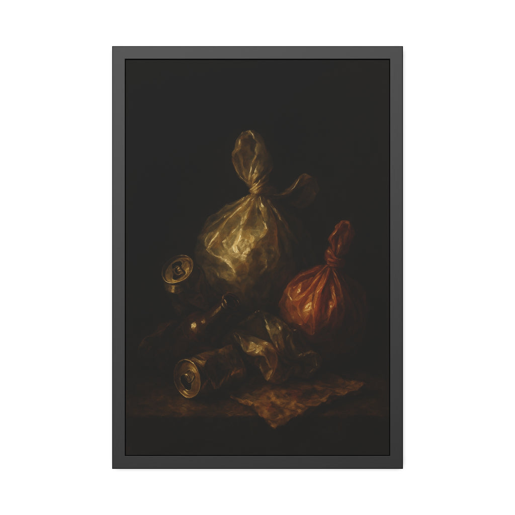 Two knotted plastic bags and crushed cans on a dark table. The Knotted Offering by Garabaggio, framed fine art print hanging in a room.