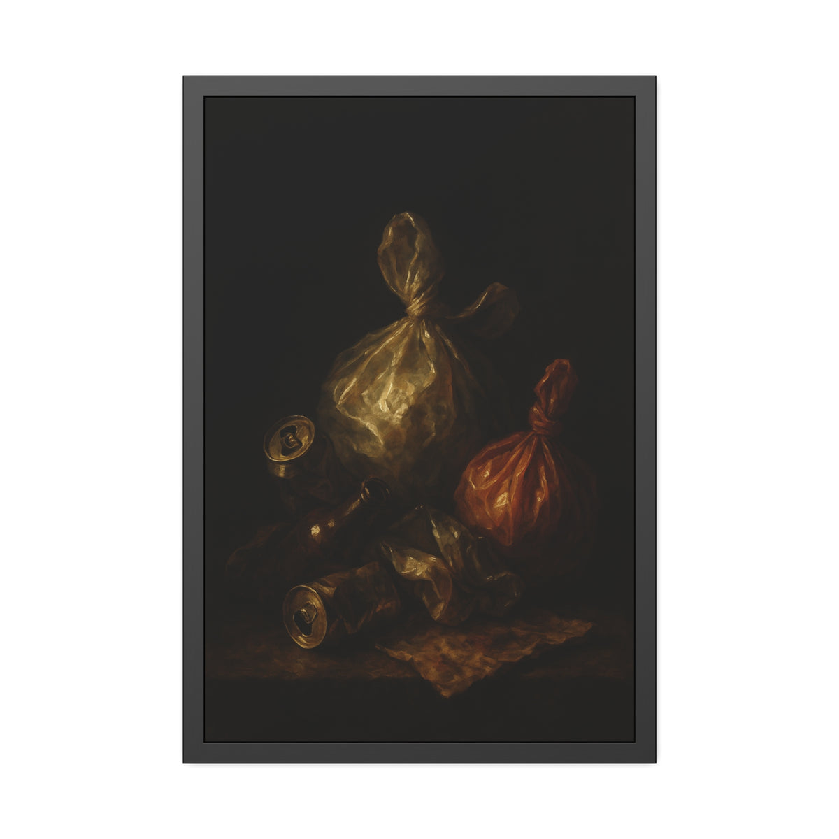 Two knotted plastic bags and crushed cans on a dark table. The Knotted Offering by Garabaggio, framed fine art print hanging in a room.