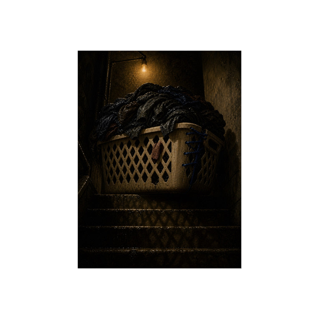 A laundry basket heaped with clothes on stairs under a bare bulb. The Overload on the Basement Stairs by Garabaggio, fine art print, 12″ x 16″.