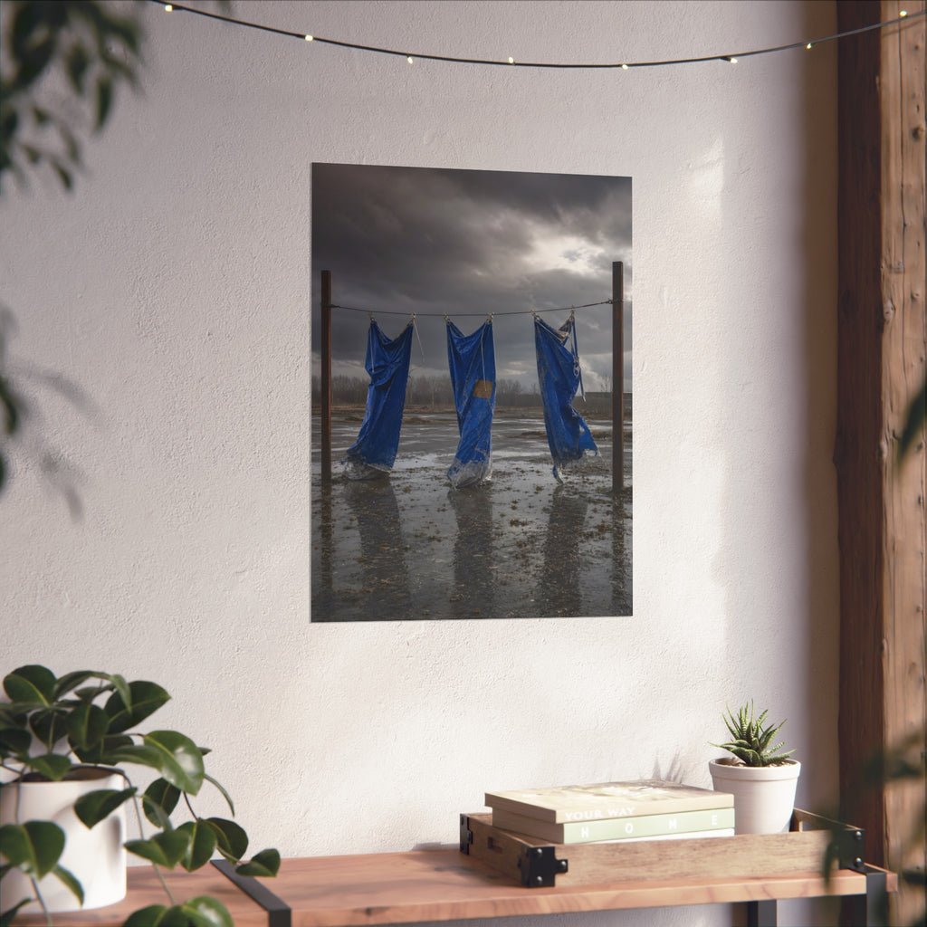 Three blue tarps hung from a wire over a wet lot under storm clouds. Banners After the Gale by Garabaggio, fine art print hanging in a room.
