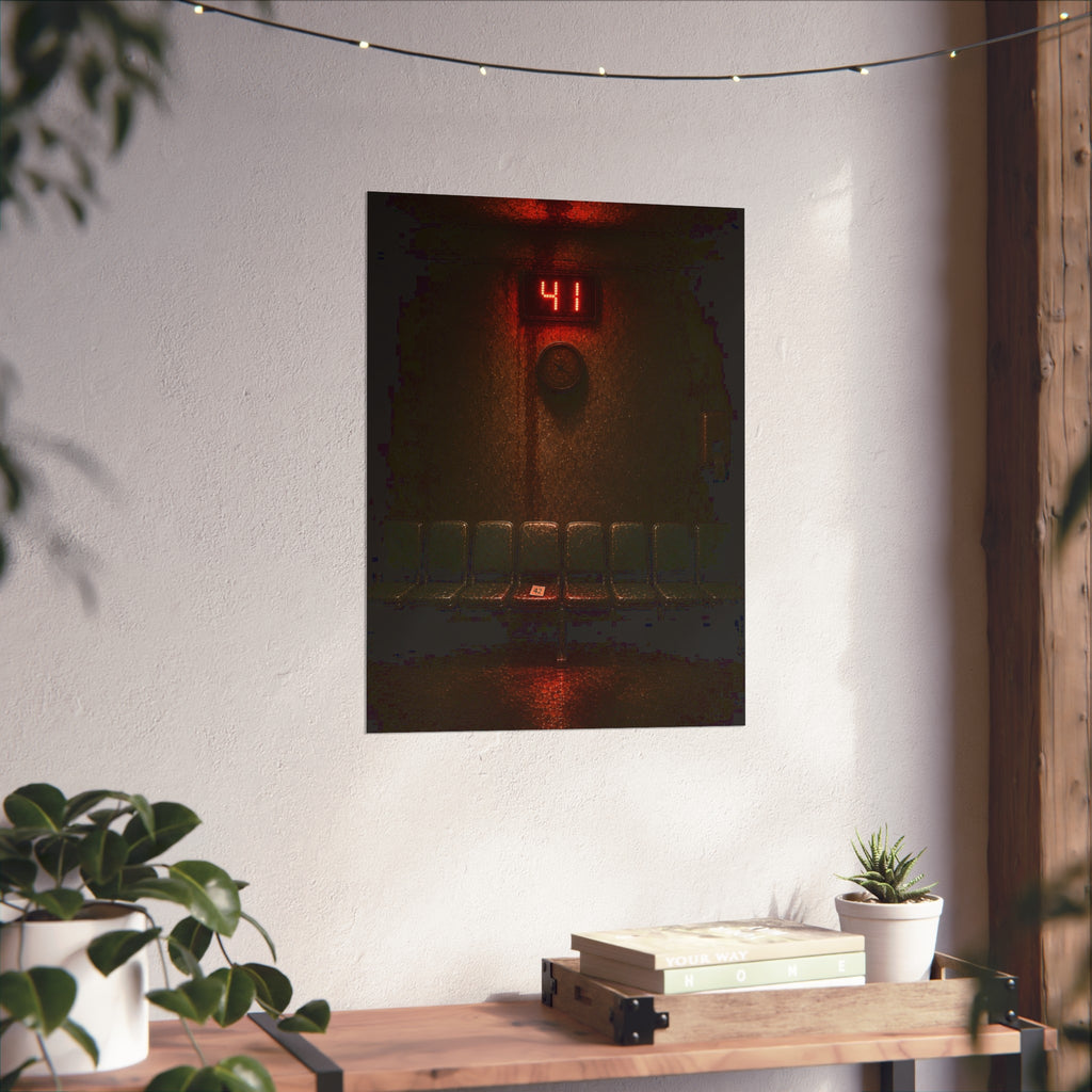 An empty row of waiting room seats beneath a red display reading 41. The Call That Does Not Come by Garabaggio, fine art print hanging in a room.