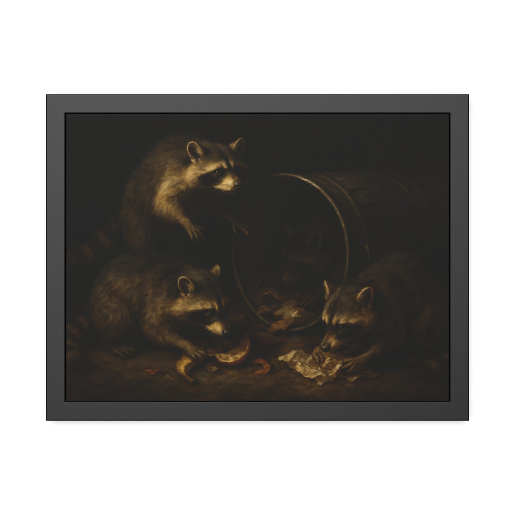 Raccoons at a tipped metal pail, one gnawing a melon rind in the dark. The Supper at the Alleyway by Garabaggio, framed fine art print hanging in a room.