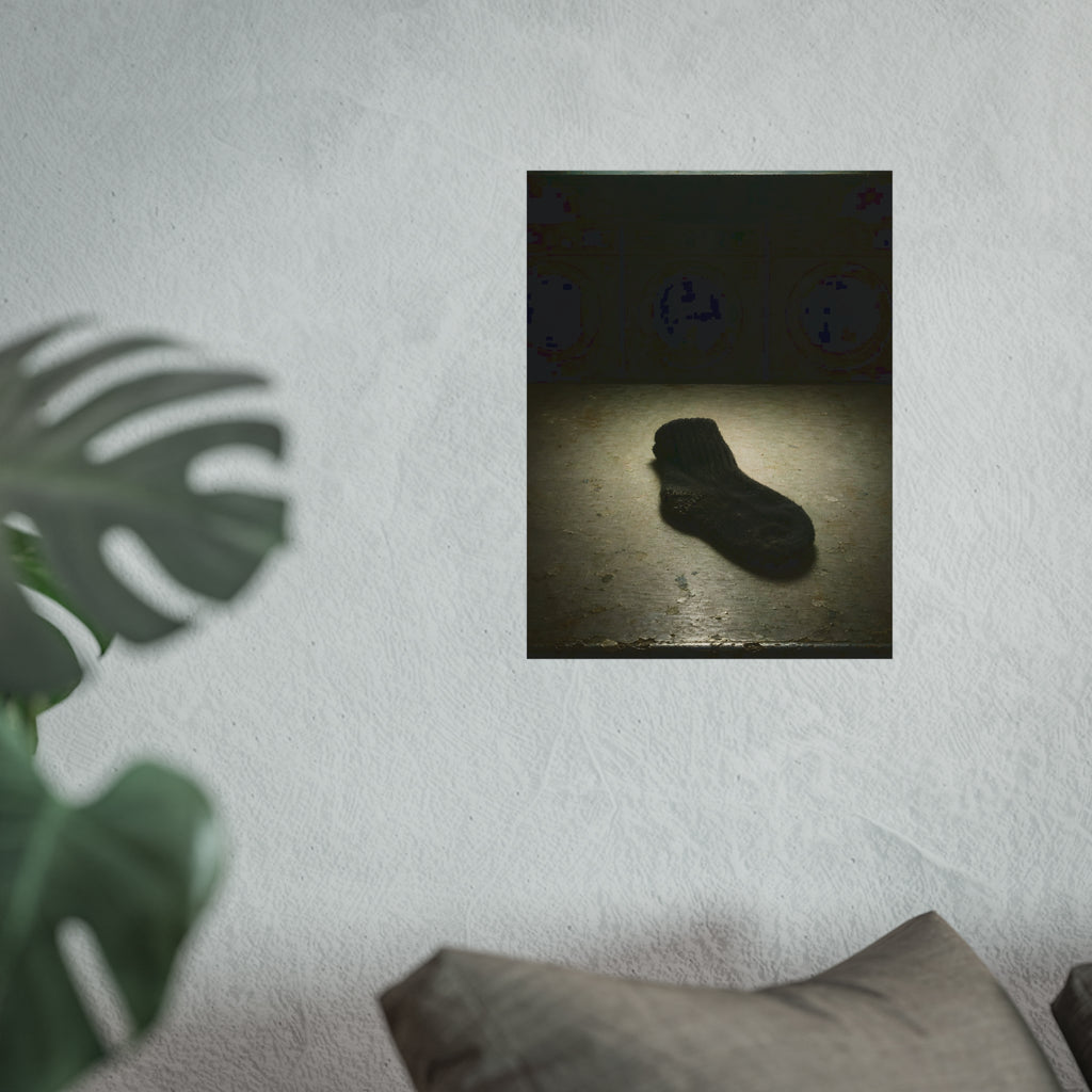 A single dark sock on a laundromat floor before dim washing machines. The Orphaned Sock by Garabaggio, fine art print hanging in a room.