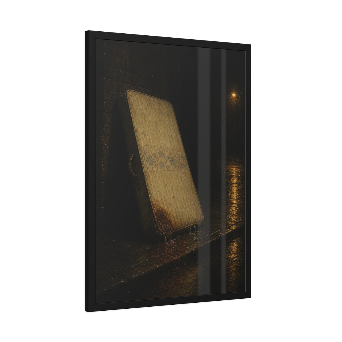 A stained mattress leaning against a wall in rain under a streetlamp. The First Rain by Garabaggio, framed fine art print hanging in a room.