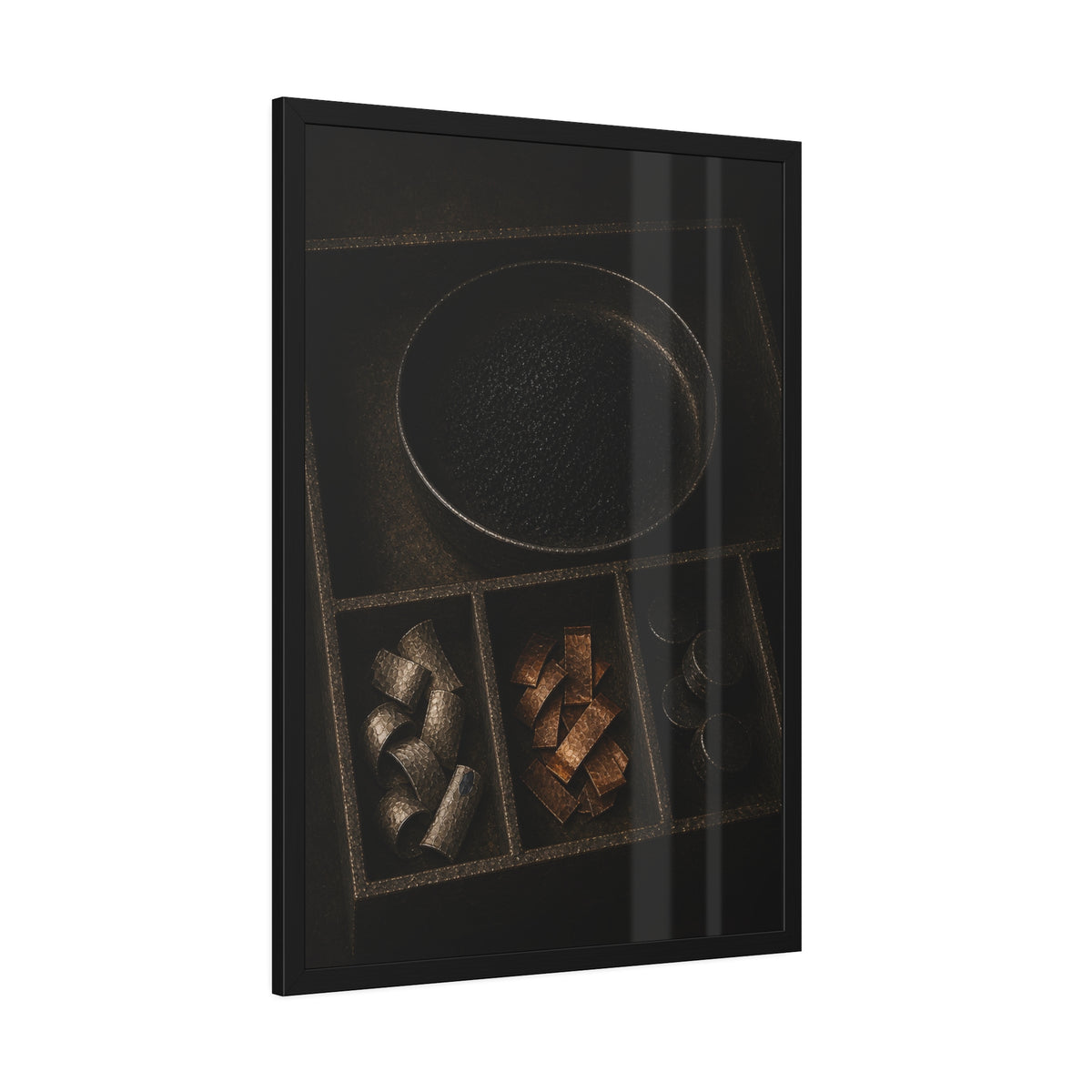 Sorted battery parts in a divided tray, metal strips, cells and powder. The Separation of Metals by Garabaggio, framed fine art print hanging in a room.