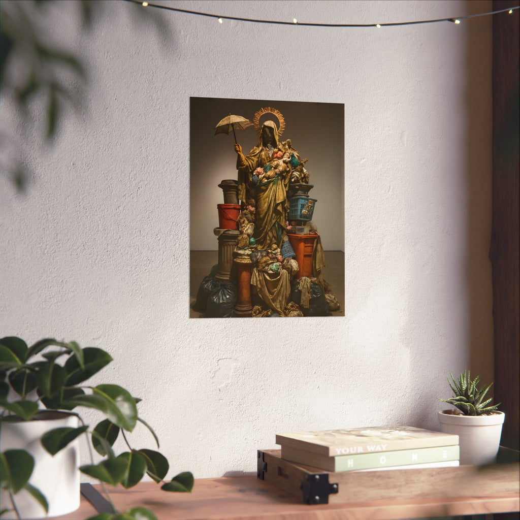 Robed figure with a halo and umbrella rising from trash bags and crates. Our Lady of Perpetual Shelter by Garabaggio, fine art print hanging in a room.