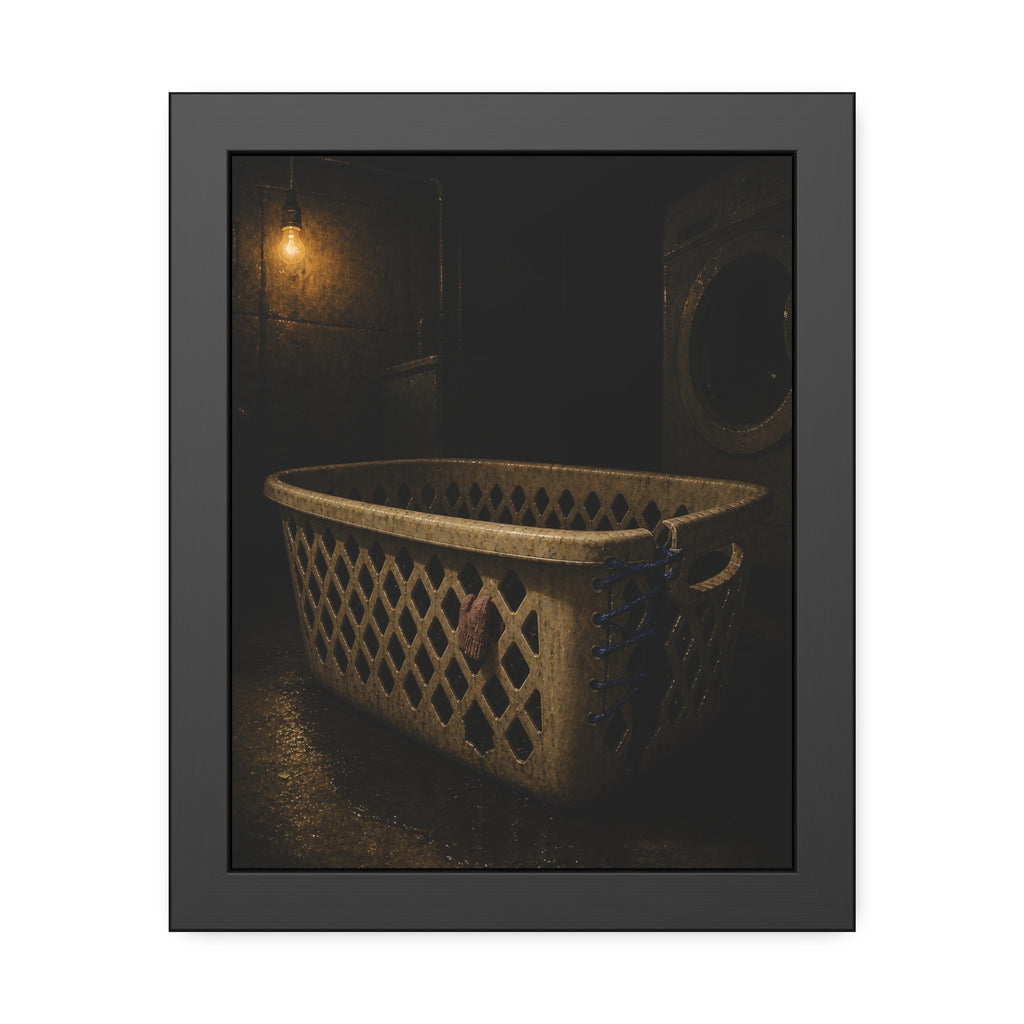 A laundry basket laced shut with blue cord under a bare bulb. The Binding with Blue Cord by Garabaggio, framed fine art print, 11″ x 14″.