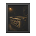A laundry basket laced shut with blue cord under a bare bulb. The Binding with Blue Cord by Garabaggio, framed fine art print, 11″ x 14″.