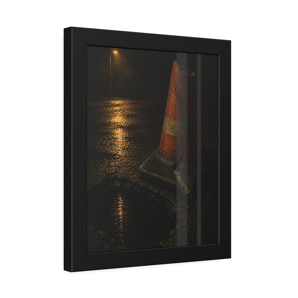 A traffic cone beside a water filled pothole reflecting a street lamp. The Sentinel of the Pothole by Garabaggio, framed fine art print hanging in a room.