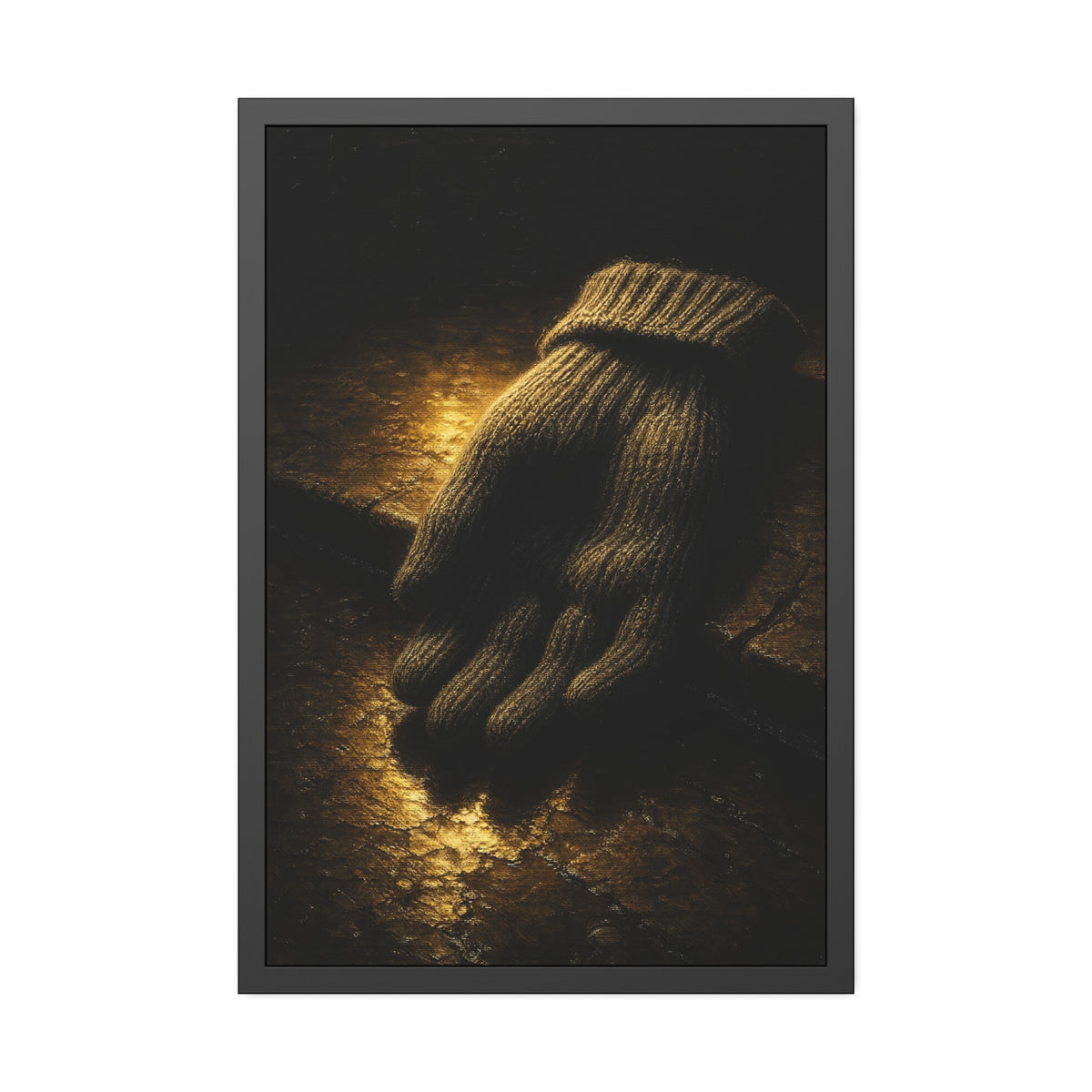 A knitted wool glove palm down on wet stone in gold light. The Presentation of the Woolen Glove by Garabaggio, framed fine art print hanging in a room.
