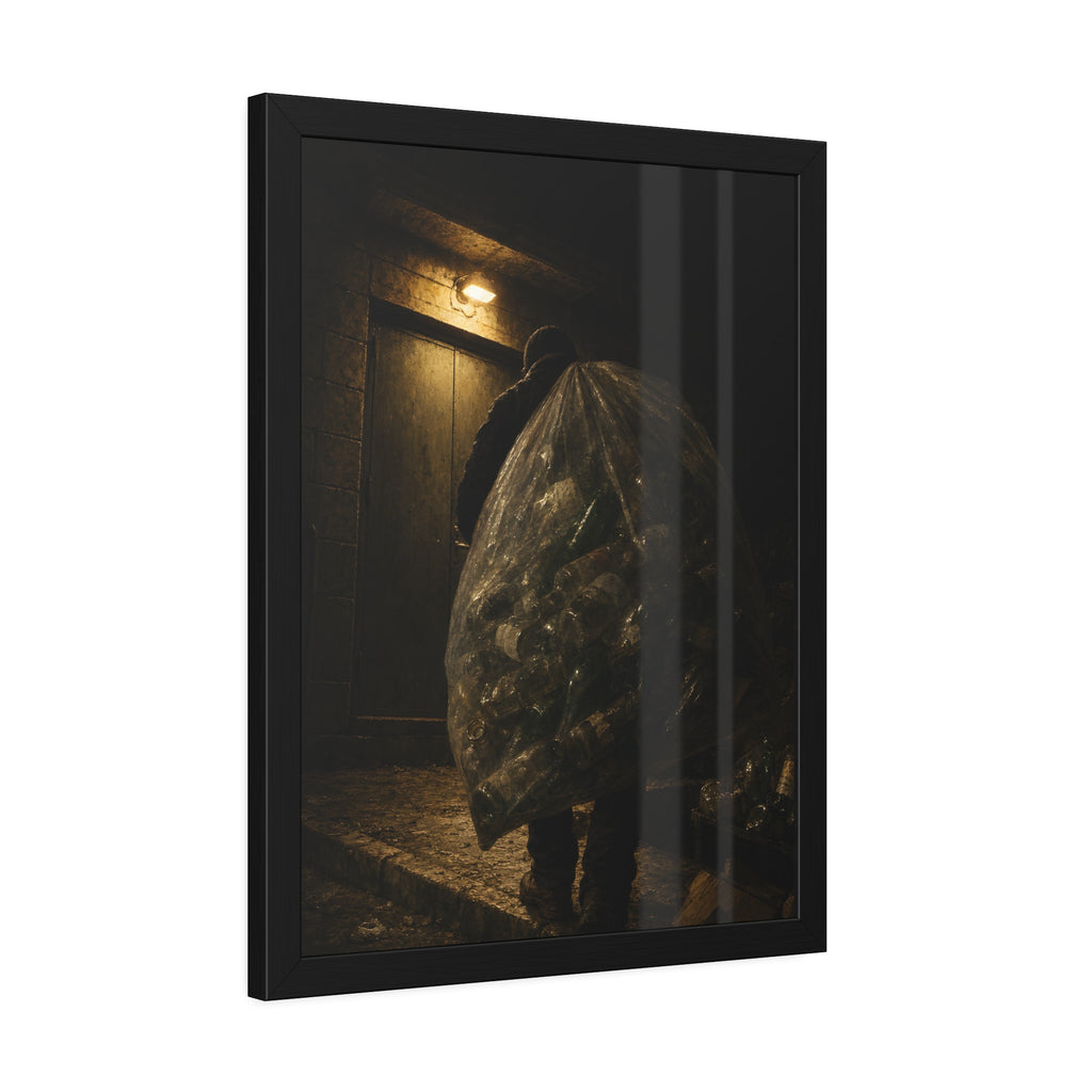 A man carrying a huge bag of bottles past a lit doorway at night. The Bag Carried Before Dawn by Garabaggio, framed fine art print hanging in a room.
